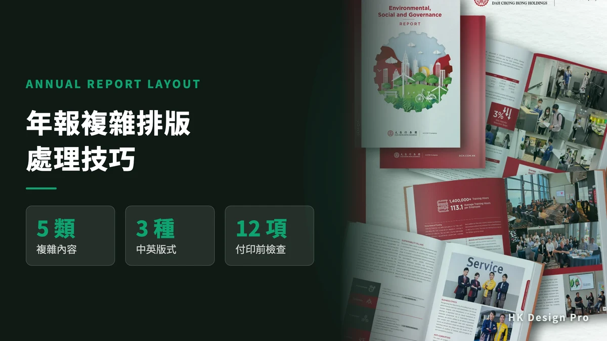 企業可持續發展報告的封面與內頁實物，內頁有數據亮點、相片與多欄文字
