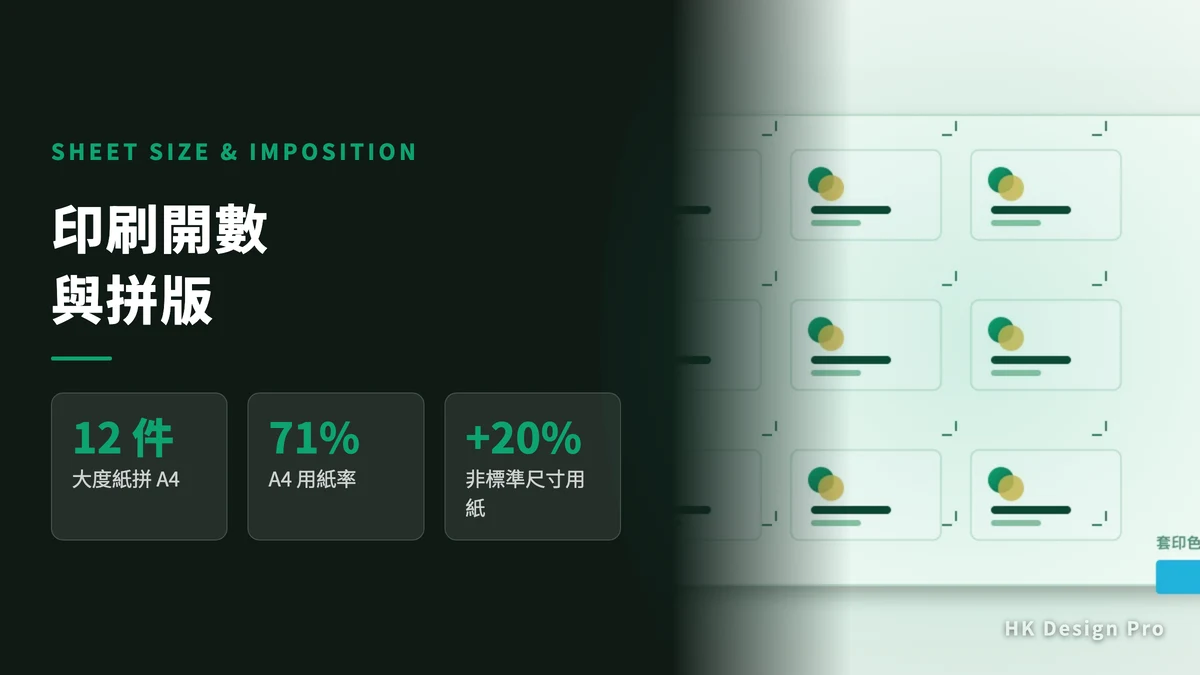 多張名片以格狀排在同一張印刷紙上的拼版示意，旁邊有套印色標