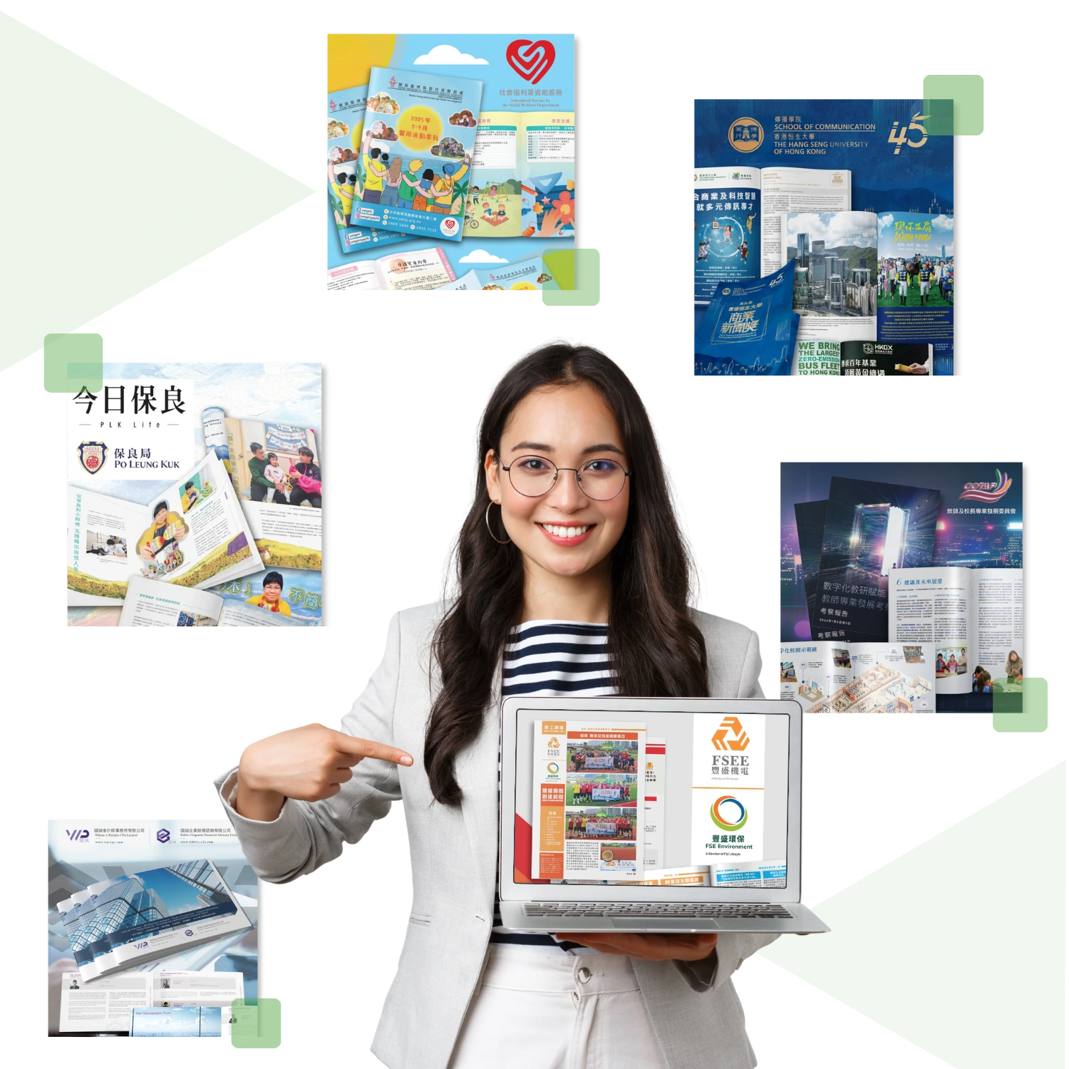 Designer showcasing diverse publication and marketing material designs on laptop and portfolio samples