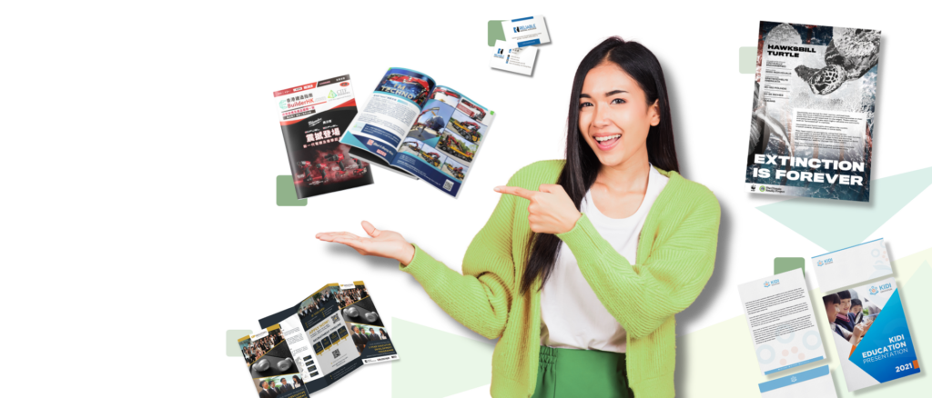 Woman showcasing printed marketing materials including brochures, business cards, magazines, posters, and letterheads representing print design services