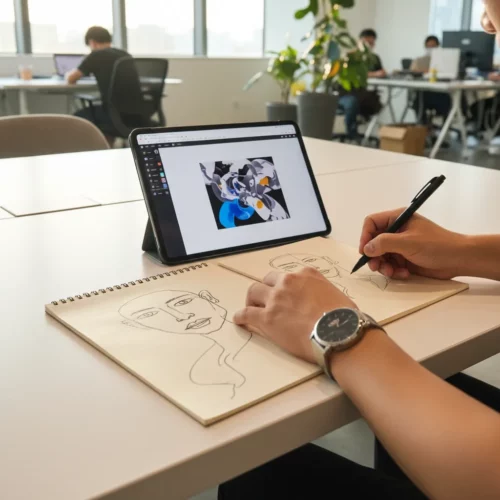 HK designer's hands: one on AI tablet, one sketching by hand. Human touch vs AI tech.