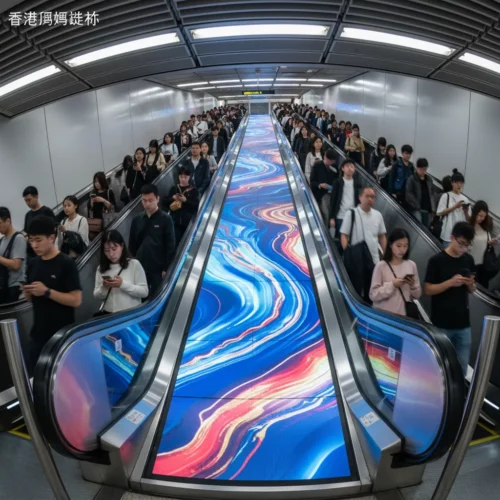 Bustling HK MTR: blurred commuters on escalator, vibrant digital ad, people on phones.